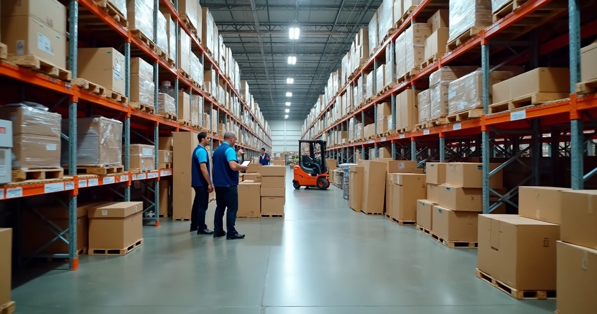 Estoque de materiais de construção com pessoas movimentando mercadorias 