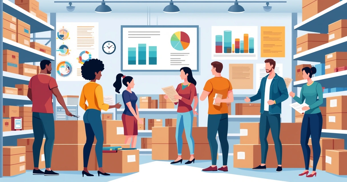 Estoque de materiais gráficos organizado com equipe categorizando produtos e tela digital mostrando métricas.