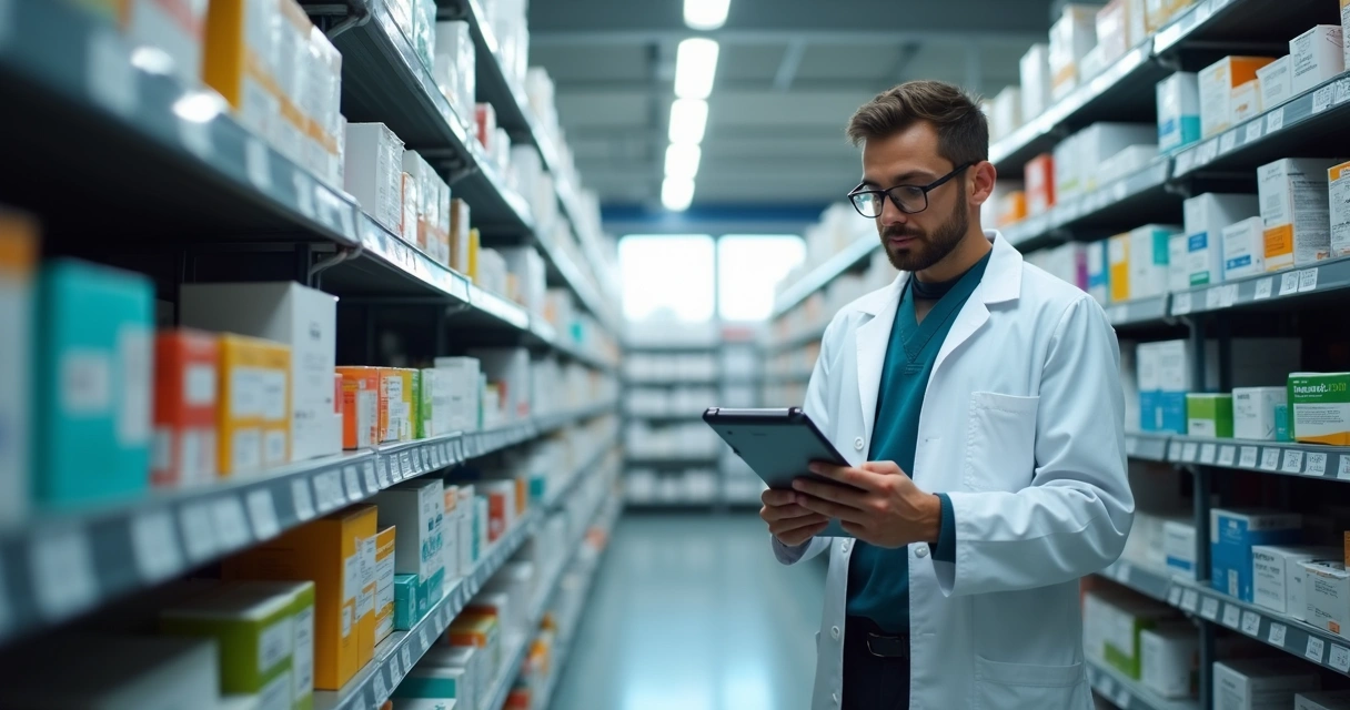 Farmacêutico conferindo estoque de medicamentos controlados 