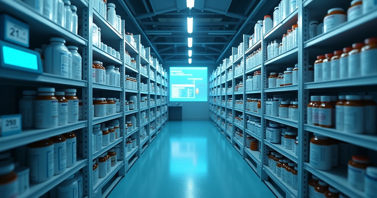 Estoque organizado de medicamentos em um ambiente refrigerado