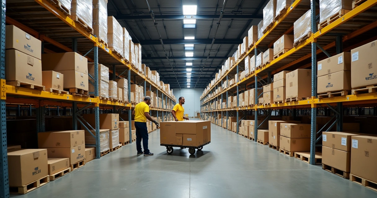 Estoques organizados em prateleiras em centro de distribuição 