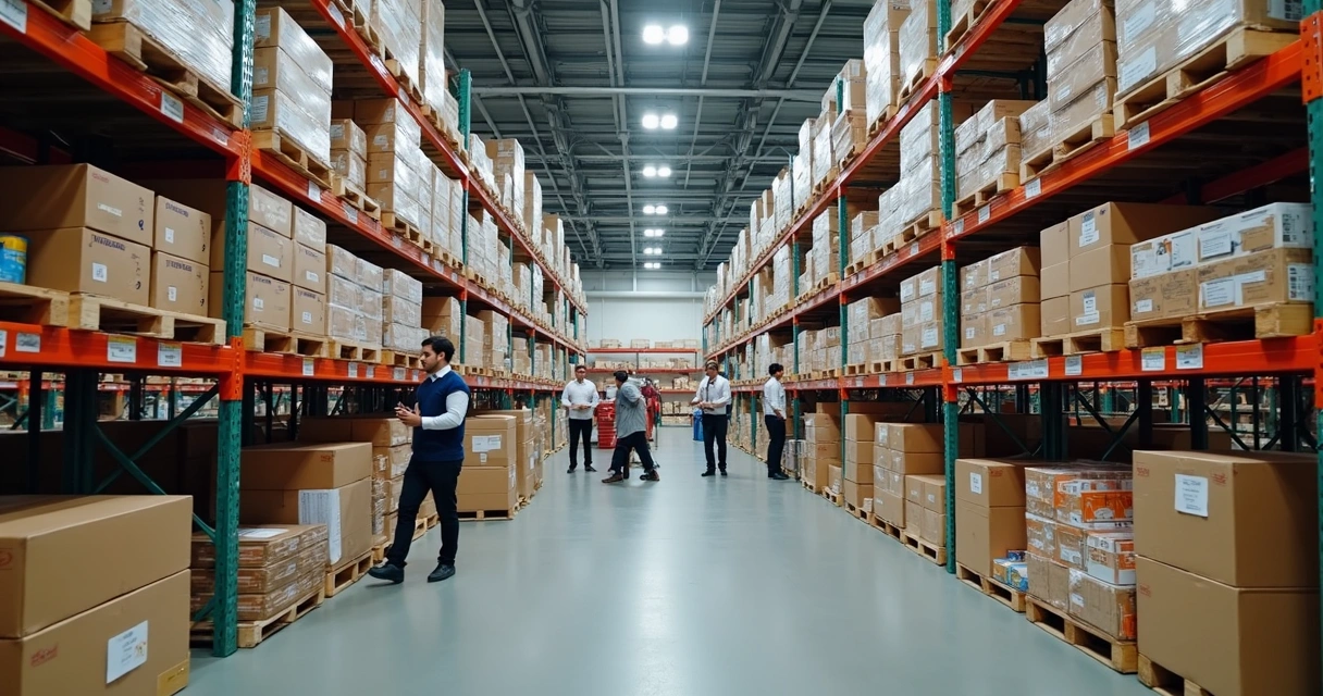 Estoque de supermercado limpo e bem organizado com caixas empilhadas 