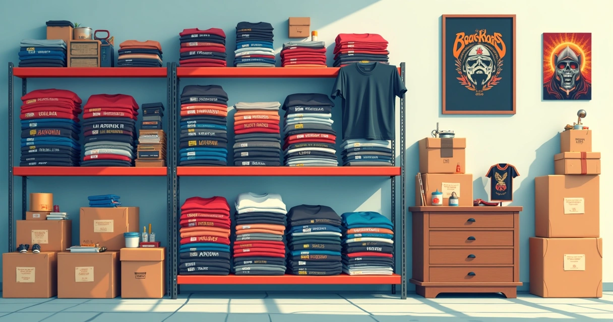 Estoque organizado de camisetas personalizadas de bandas