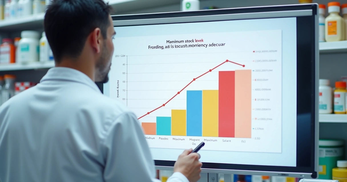 Gráfico simples de barras comparando estoque mínimo e máximo de remédios 