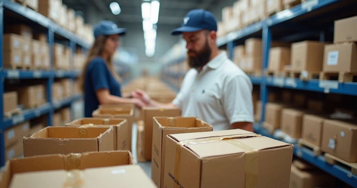 Estoque de roupas organizado em prateleiras de centro de distribuição 