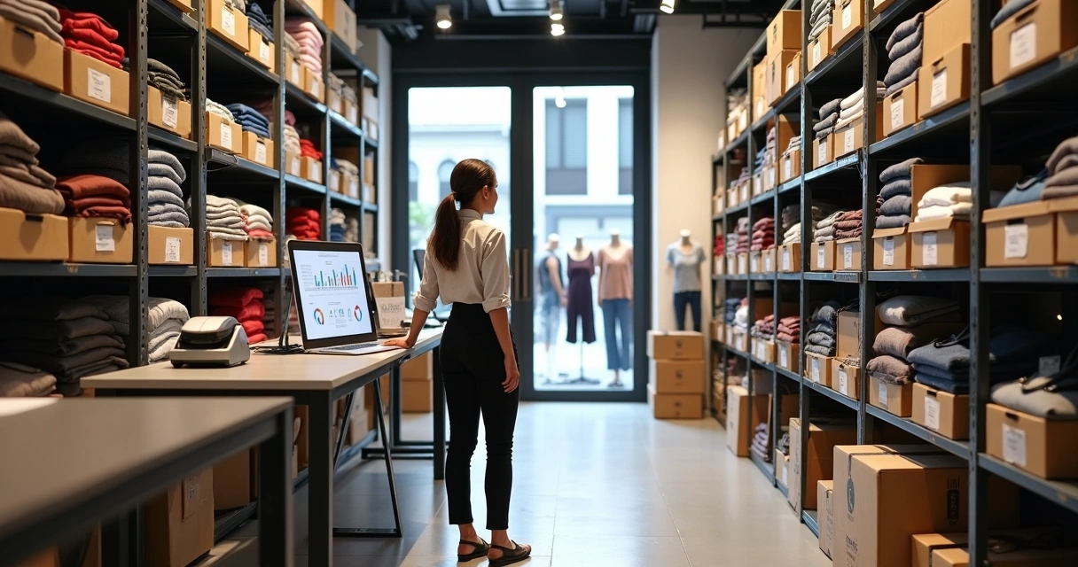 Gerente de loja de moda analisa painel digital de estoque entre loja e e-commerce 