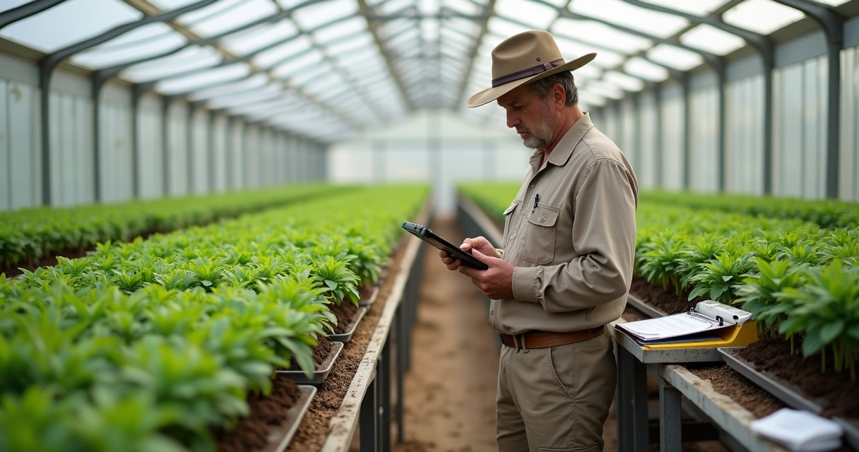 Produtor conferindo estoque de mudas organizadas em viveiro 