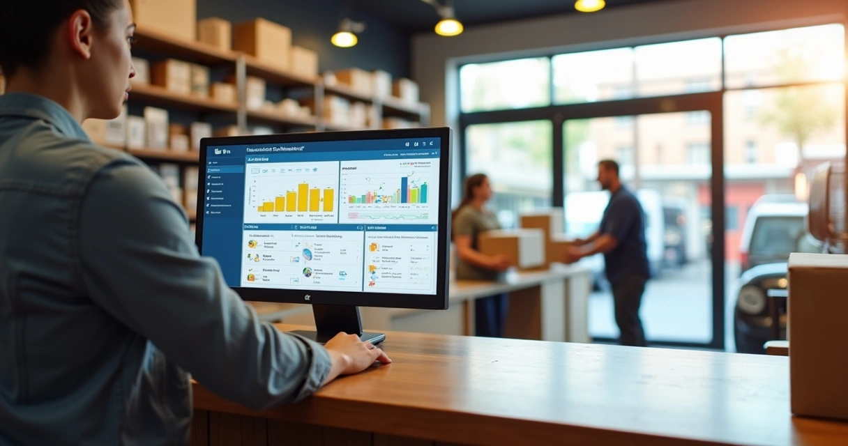 Gestor analisando tela de estoque com integração entre loja física e e-commerce 