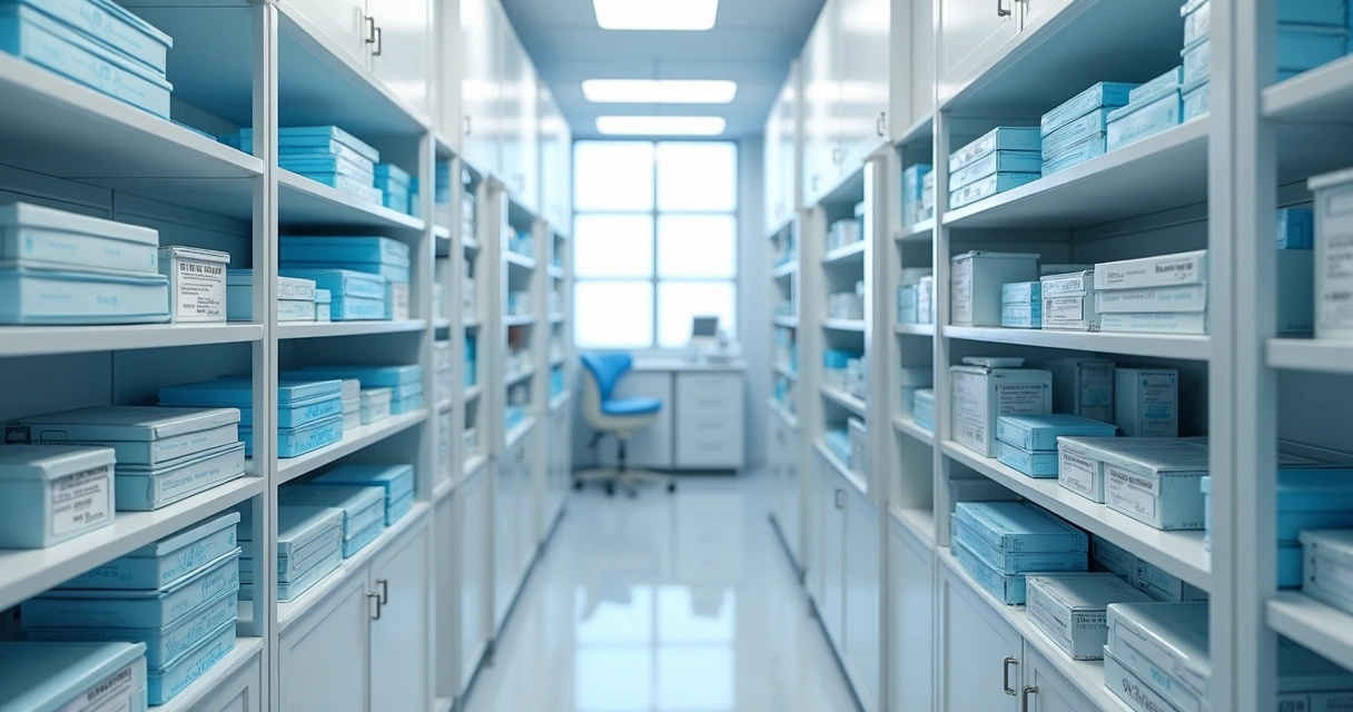 Prateleiras com materiais odontológicos organizados em clínica 