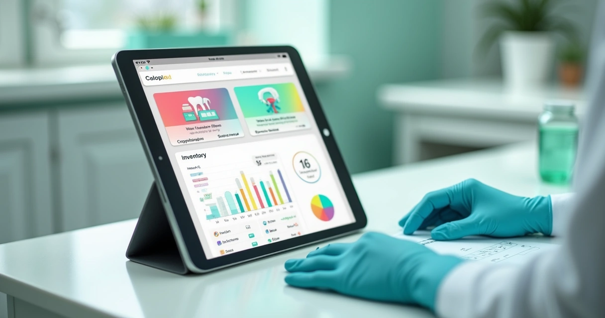 Tablet em bancada de clínica, mostrando aplicativo de estoque 