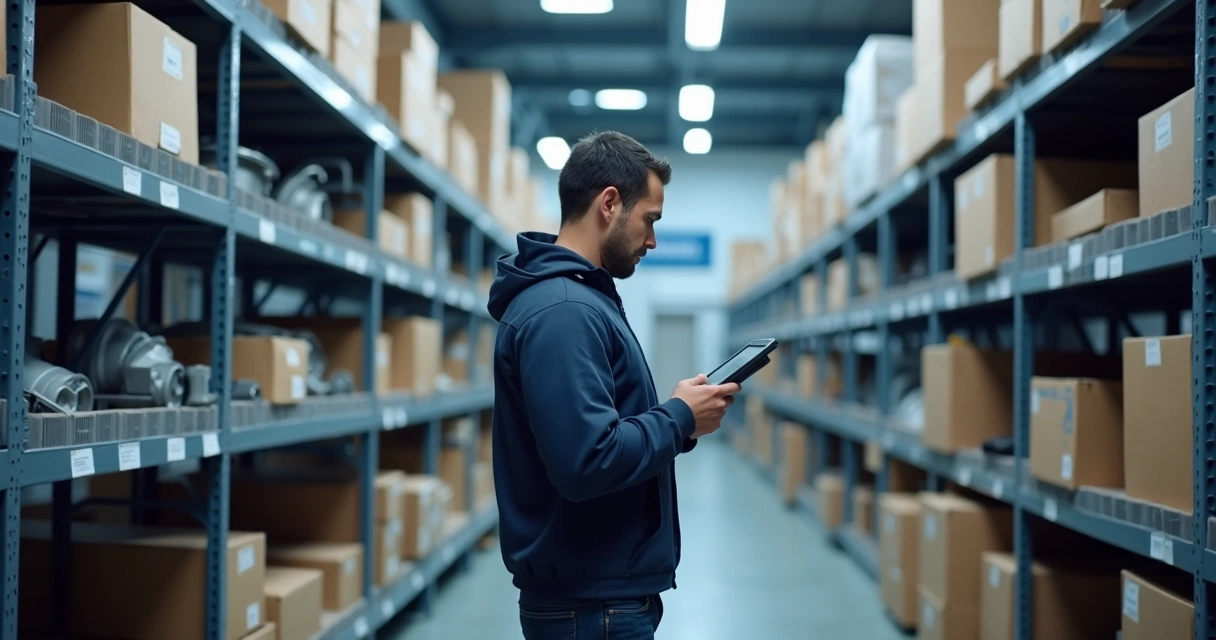 Mecânico usando tablet em estoque organizado de oficina 