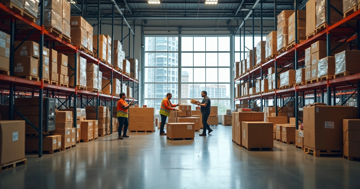 Funcionários organizando estoque em centro de distribuição de e-commerce 