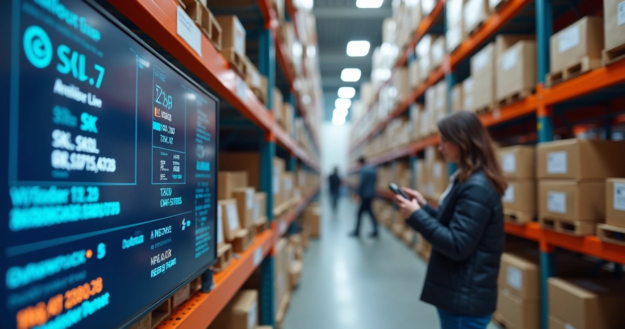 Controle de estoque automatizado com painel digital mostrando saldos e alertas