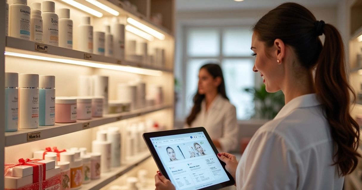 Prateleiras organizadas com produtos de beleza em clínica
