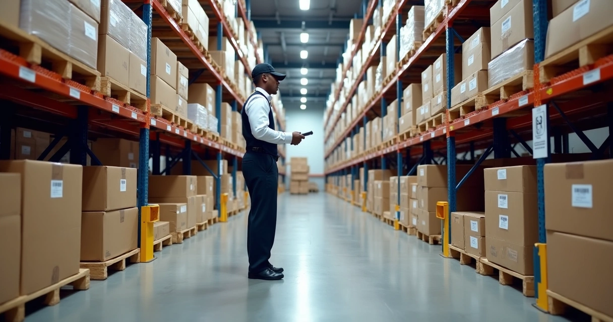 Operador em estoque organizado conferindo caixas com código de barras