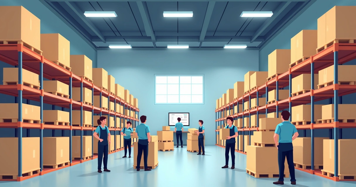 Estoque bem organizado com caixas e funcionários separando produtos