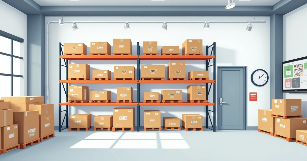 Organized warehouse with labeled shelves and dropshipping products ready for delivery 