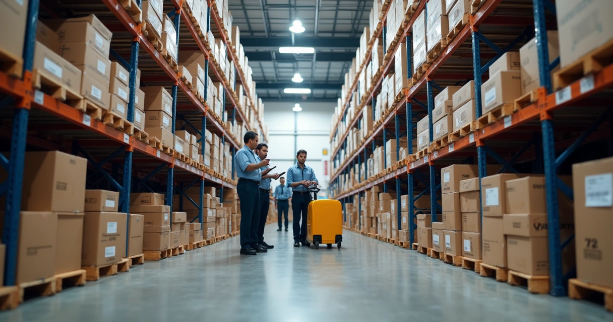 Depósito industrial com prateleiras, caixas etiquetadas e equipe trabalhando 