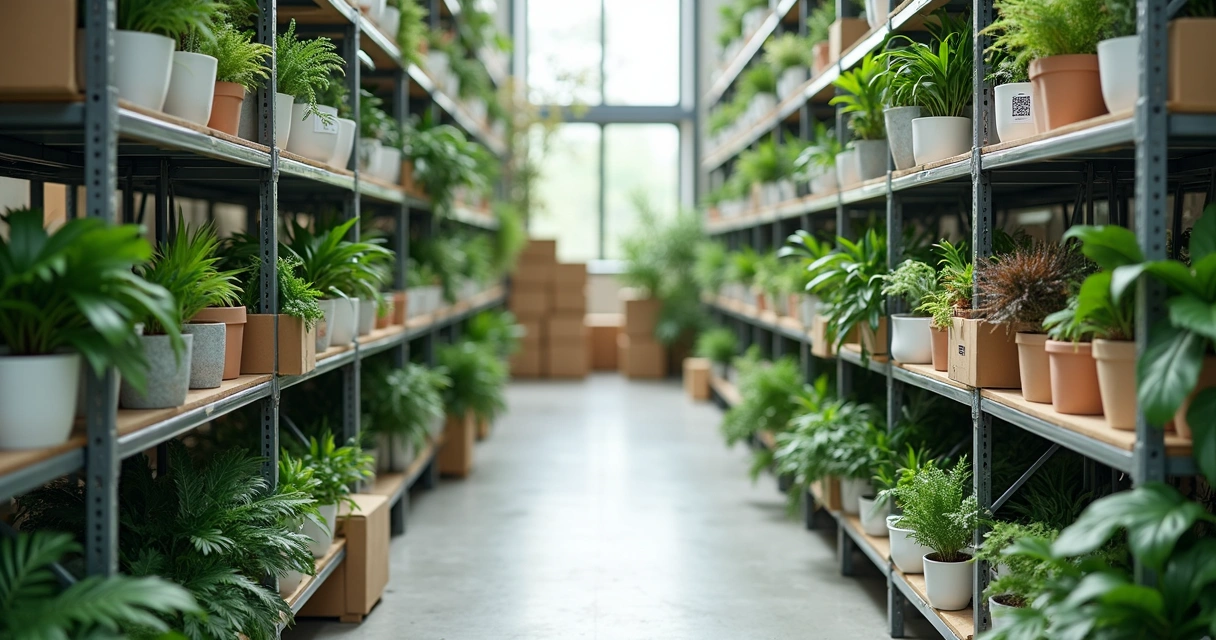 Prateleiras com plantas variadas etiquetadas em estoque organizado 