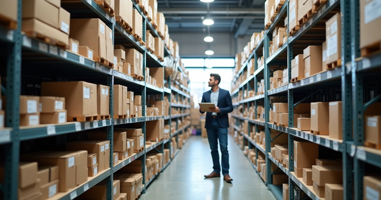 Prateleiras organizadas com caixas identificadas em ambiente de loja 