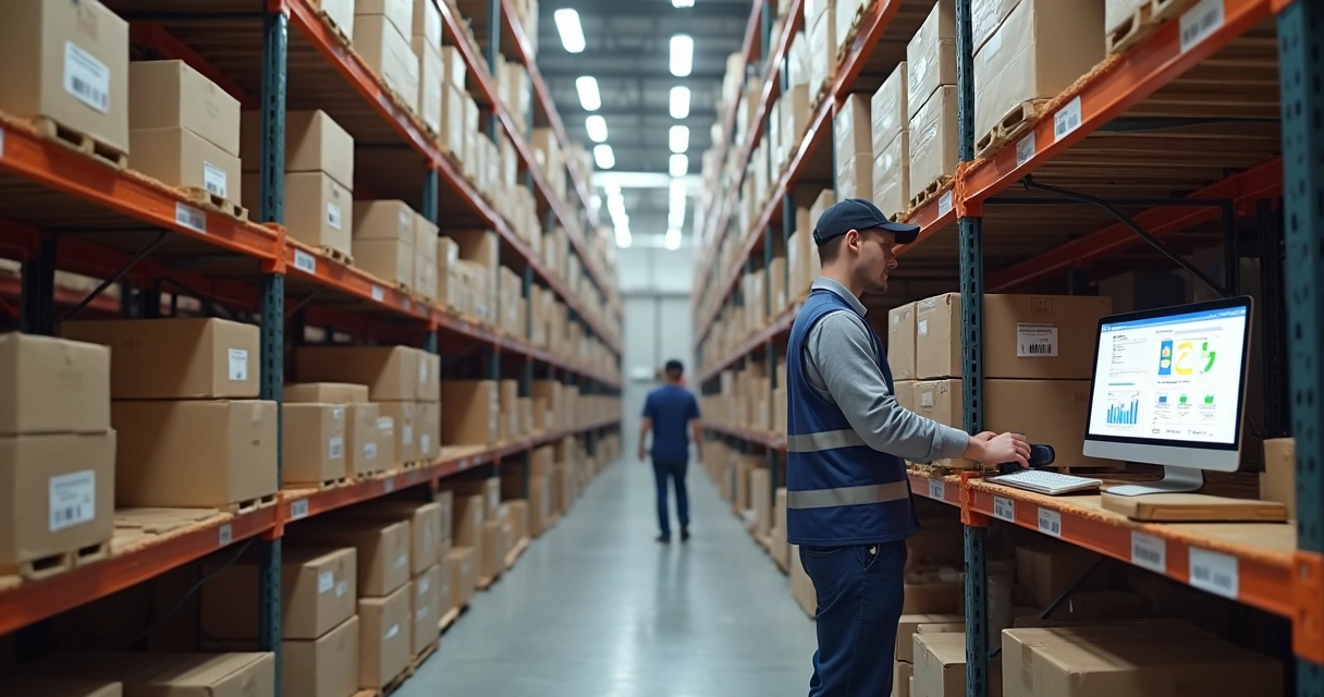 Estoque organizado com prateleiras e caixas etiquetadas em uma pequena empresa 