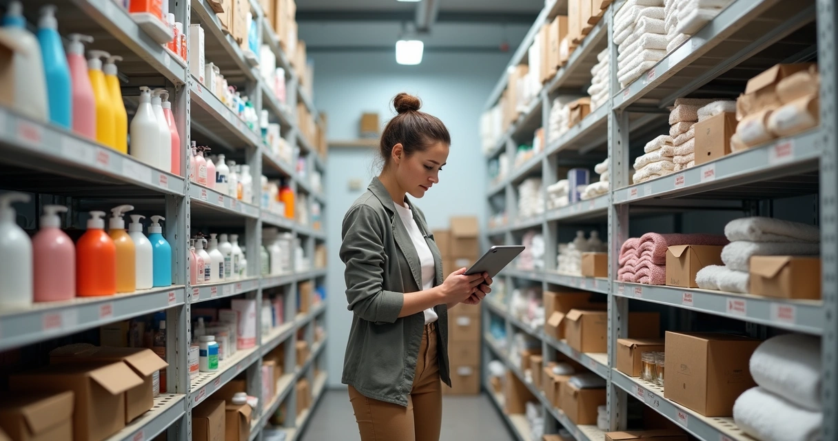 Funcionária organizando prateleiras de produtos de petshop em estoque bem iluminado 