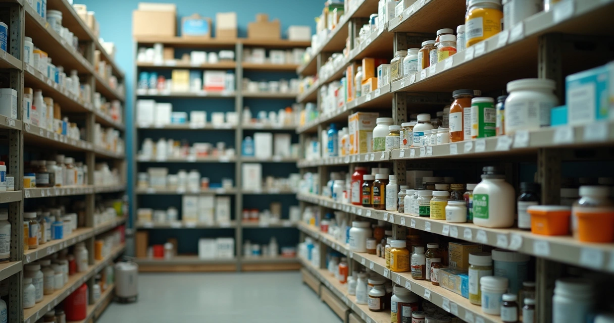 Estoque de farmácia com prateleiras repletas de medicamentos pouco movimentados. 