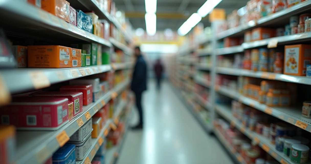 Prateleiras de loja recheadas com produtos encalhados e pouca movimentação. 