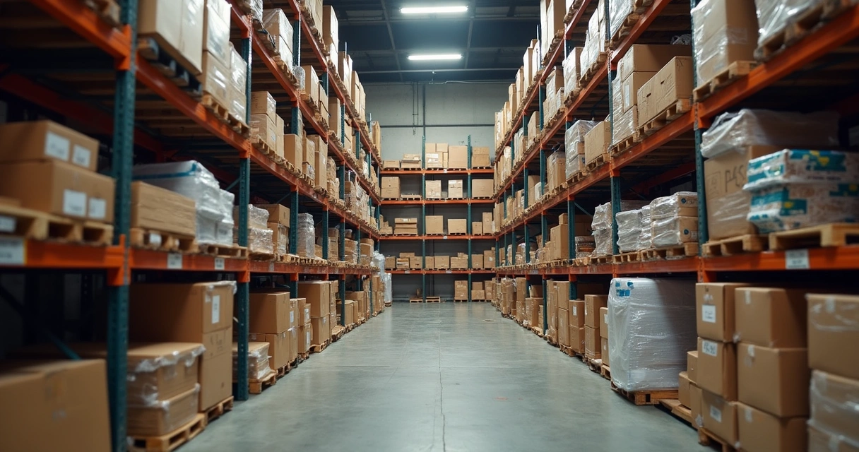 Produtos acumulados em estoque prateleiras industriais. 