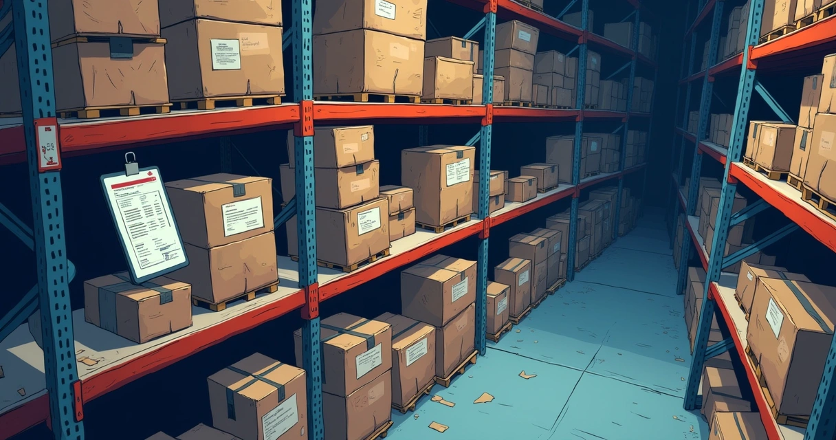 Prateleiras de estoque cheias de produtos parados 