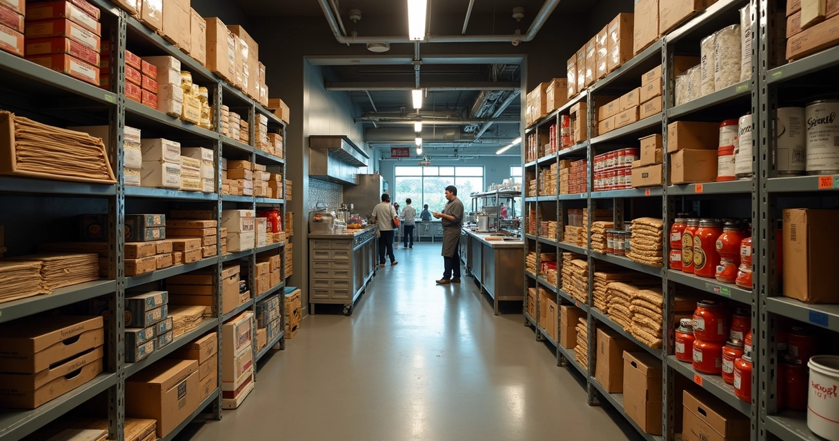 Prateleiras de estoque cheias em restaurante com poucos pedidos na cozinha ao fundo 