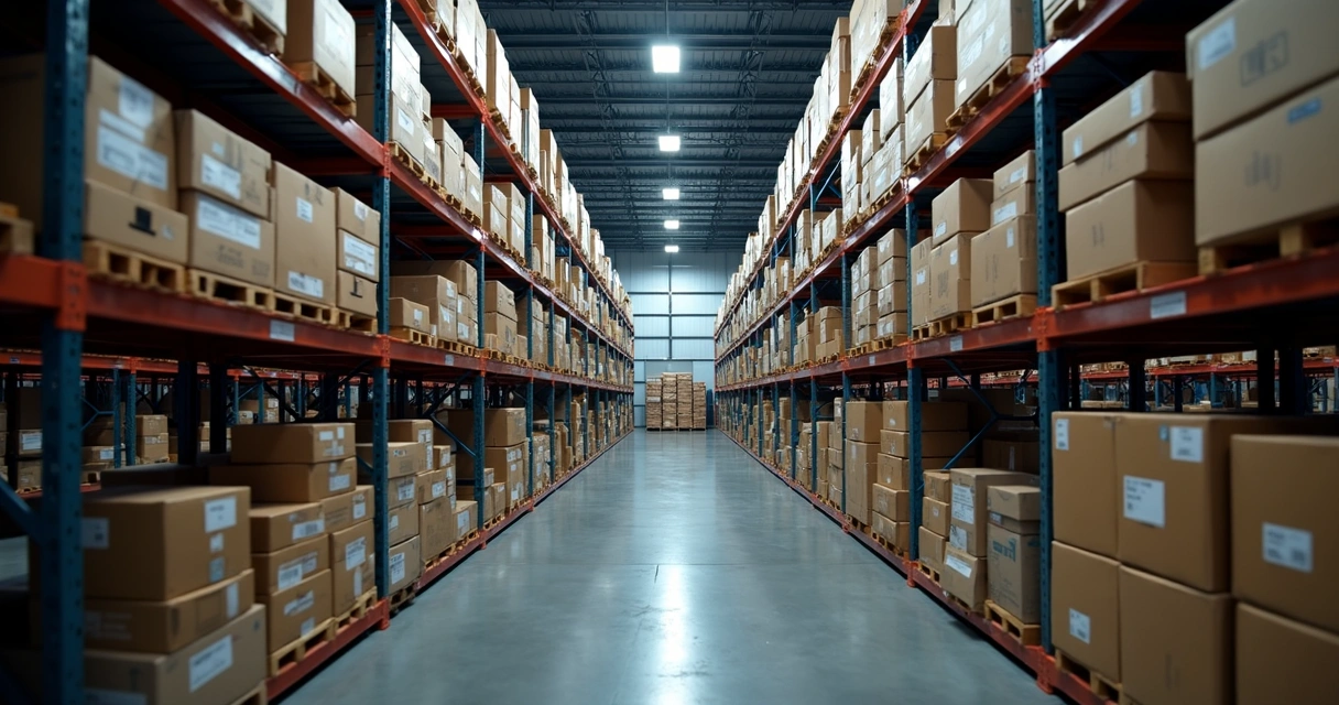 Visão interna de um estoque de peças automotivas com prateleiras e caixas organizadas 