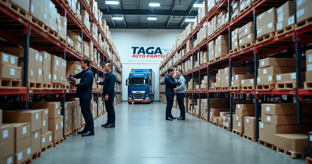 Prateleiras organizadas com peças para caminhão