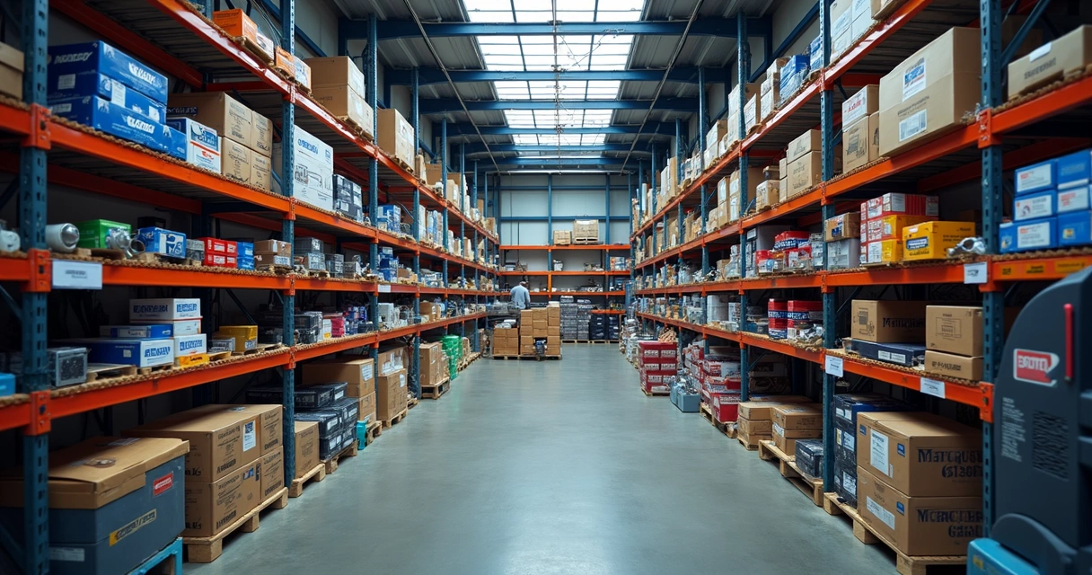 Estoque organizado com várias peças de caminhão em prateleiras 