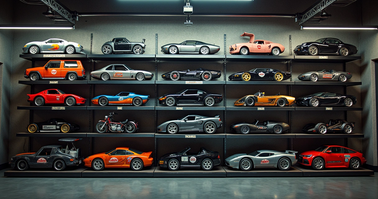 Estoque organizado de peças automotivas para funilaria em prateleiras metálicas com etiquetas e iluminação clara 