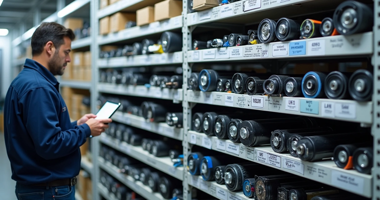 Prateleiras organizadas com peças de impressora etiquetadas