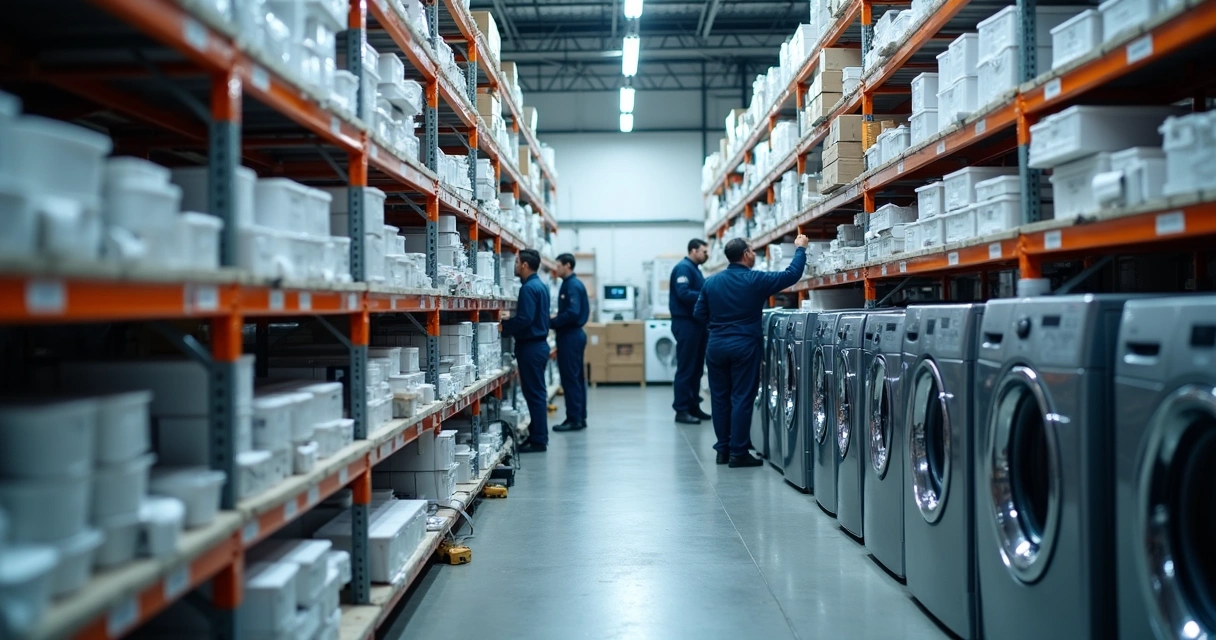 Prateleiras organizadas com peças nacionais de eletrodomésticos 