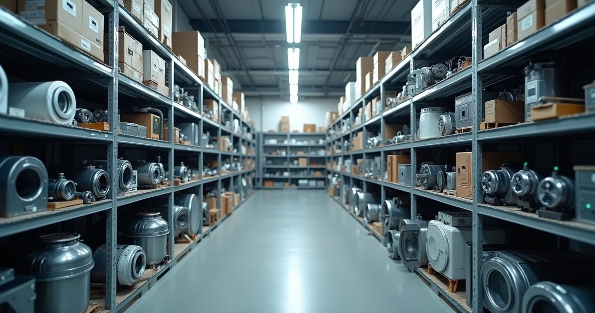 Prateleiras de oficina técnica com peças de eletrodomésticos 