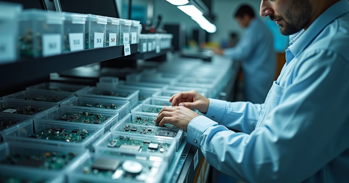 Técnico organizando estoque de peças pequenas em assistência técnica. 