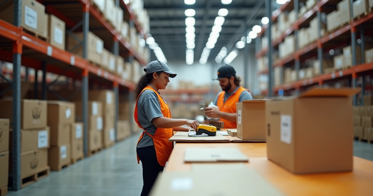 Prateleiras com caixas e pedidos de marketplace em separação 