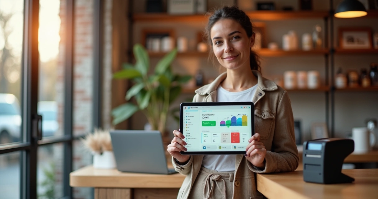 Dona de pequena loja usando tablet para controlar estoque diante de prateleiras organizadas 