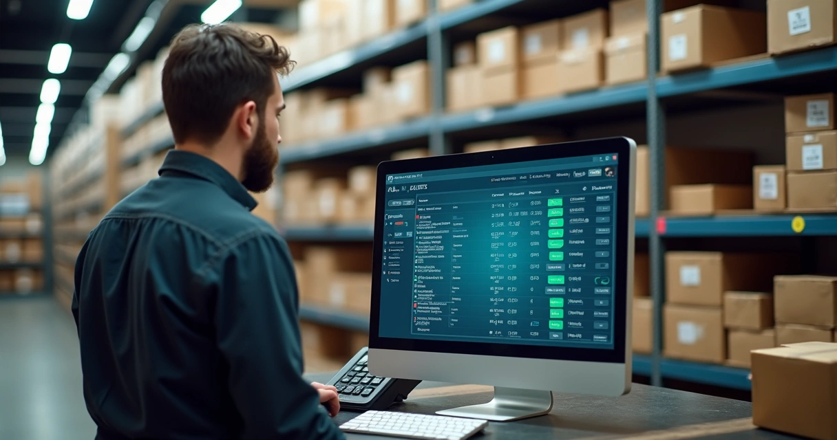 Gestor de PME monitorando estoque em computador e comparando com prateleira de loja 