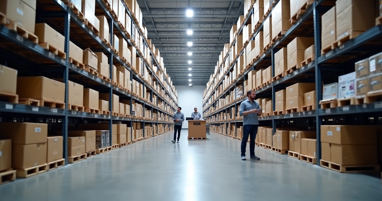 Prateleiras de um galpão mostrando estoque organizado 