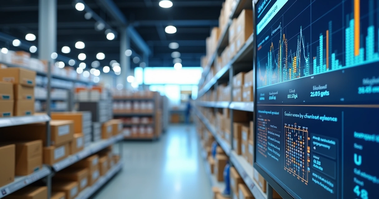 Estoque organizado em uma loja de varejo com caixas etiquetadas em prateleiras 