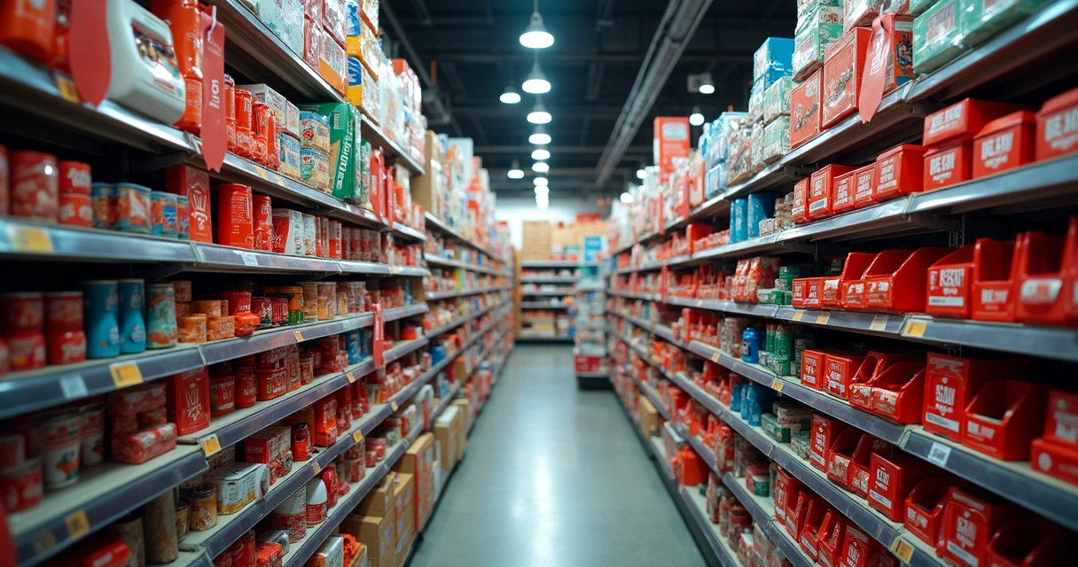 Estoque cheio de produtos com etiquetas de desconto 