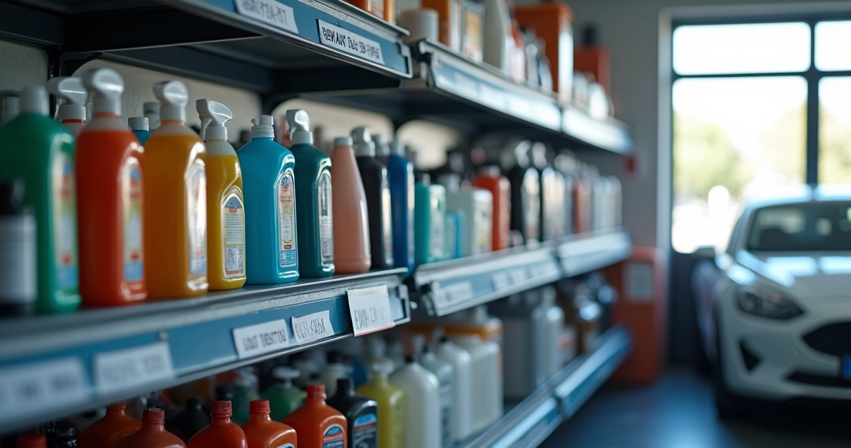 Organização de prateleira com produtos de limpeza automotiva 