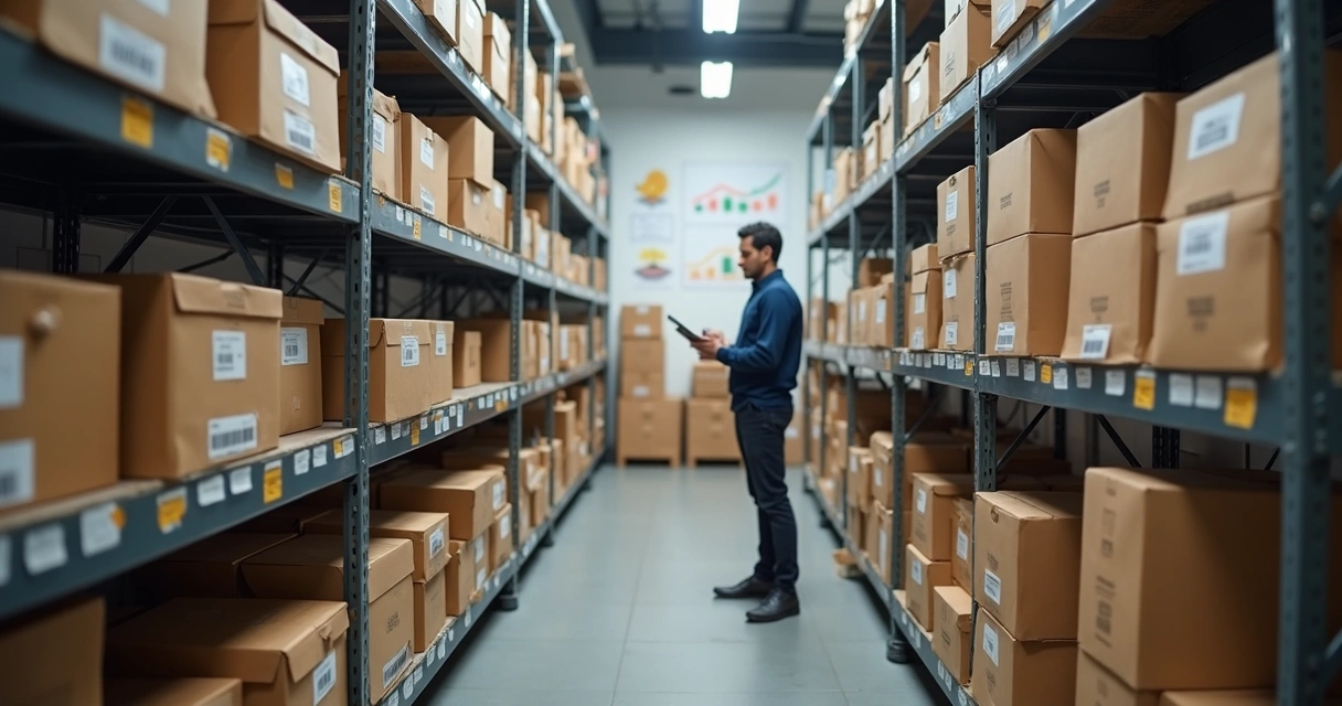 Estoque organizado com produtos diferentes em prateleiras