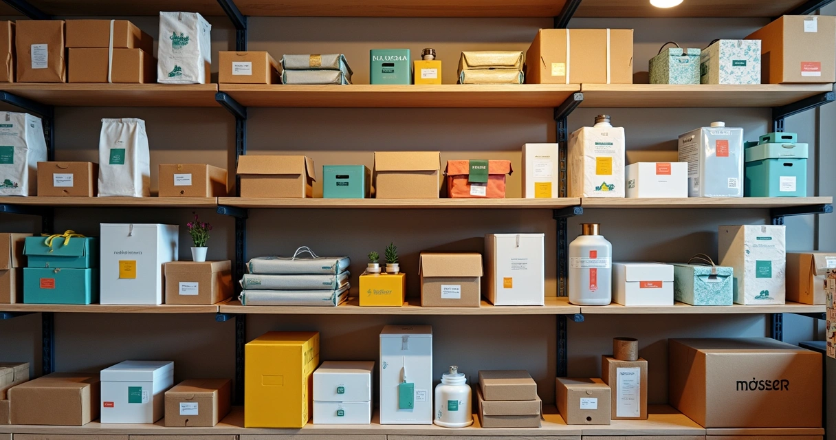 Prateleira organizada com produtos diversos para revenda 