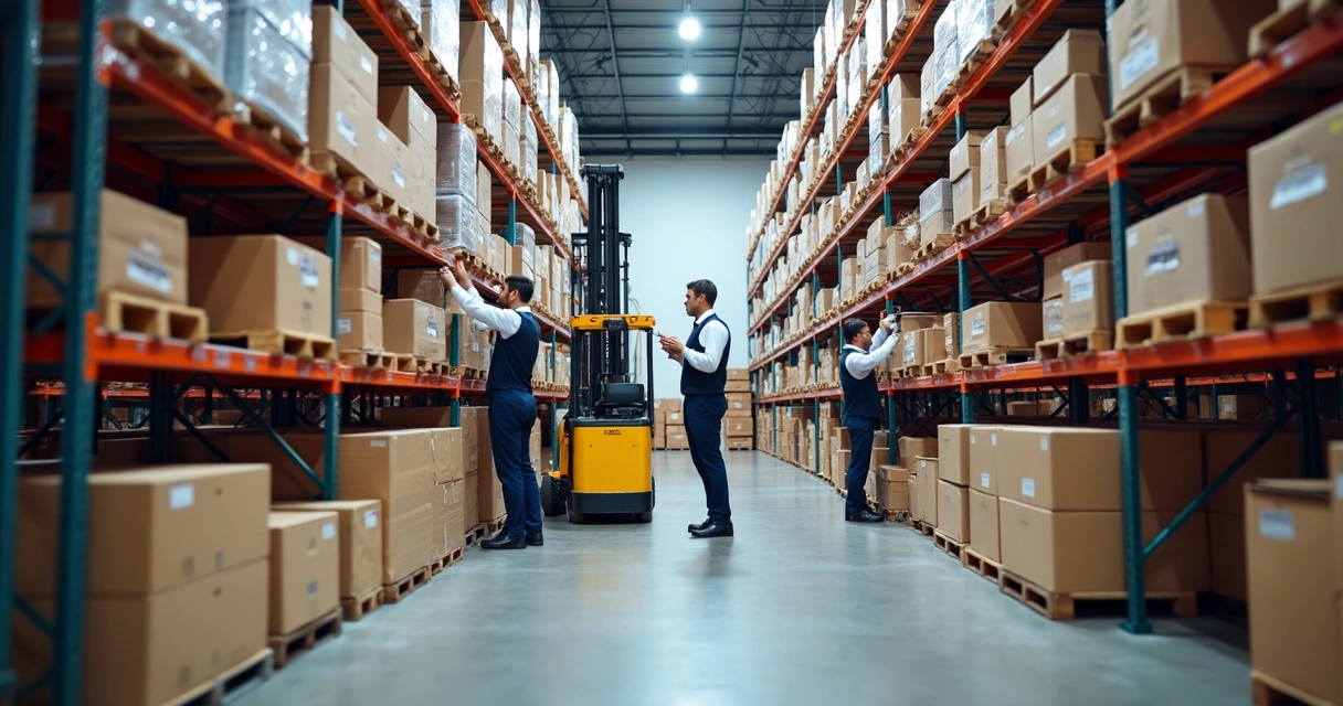 Prateleiras cheias em centro logístico moderno, produtos organizados 