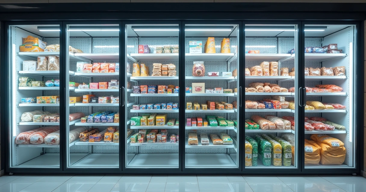 Estoque de alimentos refrigerados em geladeira de mercado 